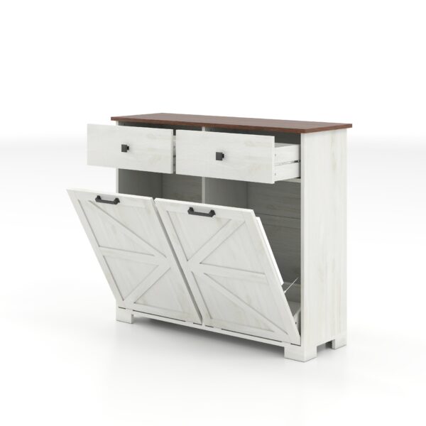 Barn Door Double Tilt Out Trash Cabinet For 20 Gallon Cans With Free Standing Recycling And Laundry Storage - Brown / Antique White