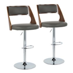 Cecina - Mid-Century Modern Adjustable Height Barstool Wth Swivel And Oval Footrest (Set of 2) - Chrome / Walnut / Gray