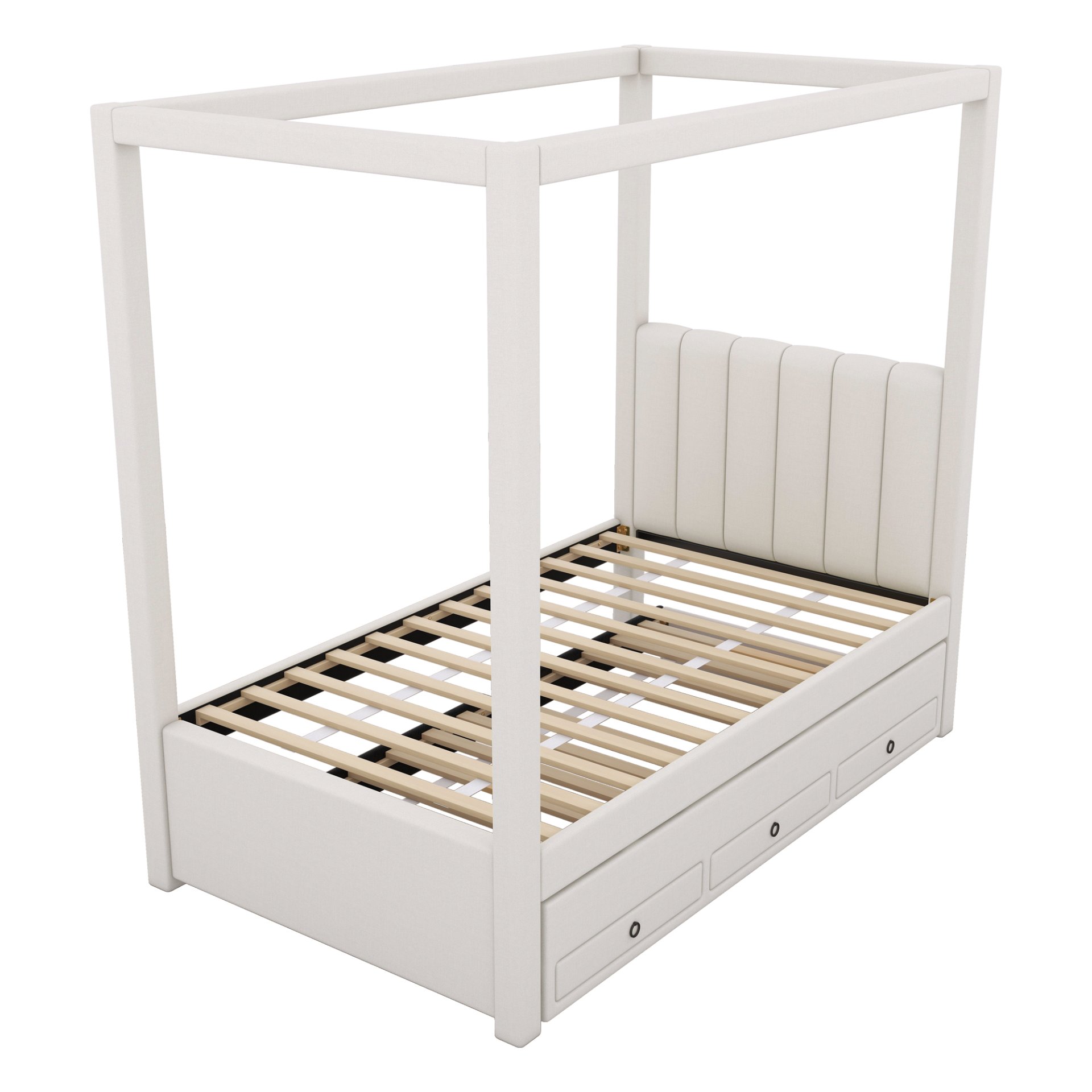 Twin Size Upholstery Canopy Platform Bed With Trundle And Three Storage Drawers - Beige - Image 7