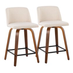 Toriano - Mid-Century Modern Fixed Height Counter Stool With Swivel & Square Footrest (Set of 2) - Walnut / Cream