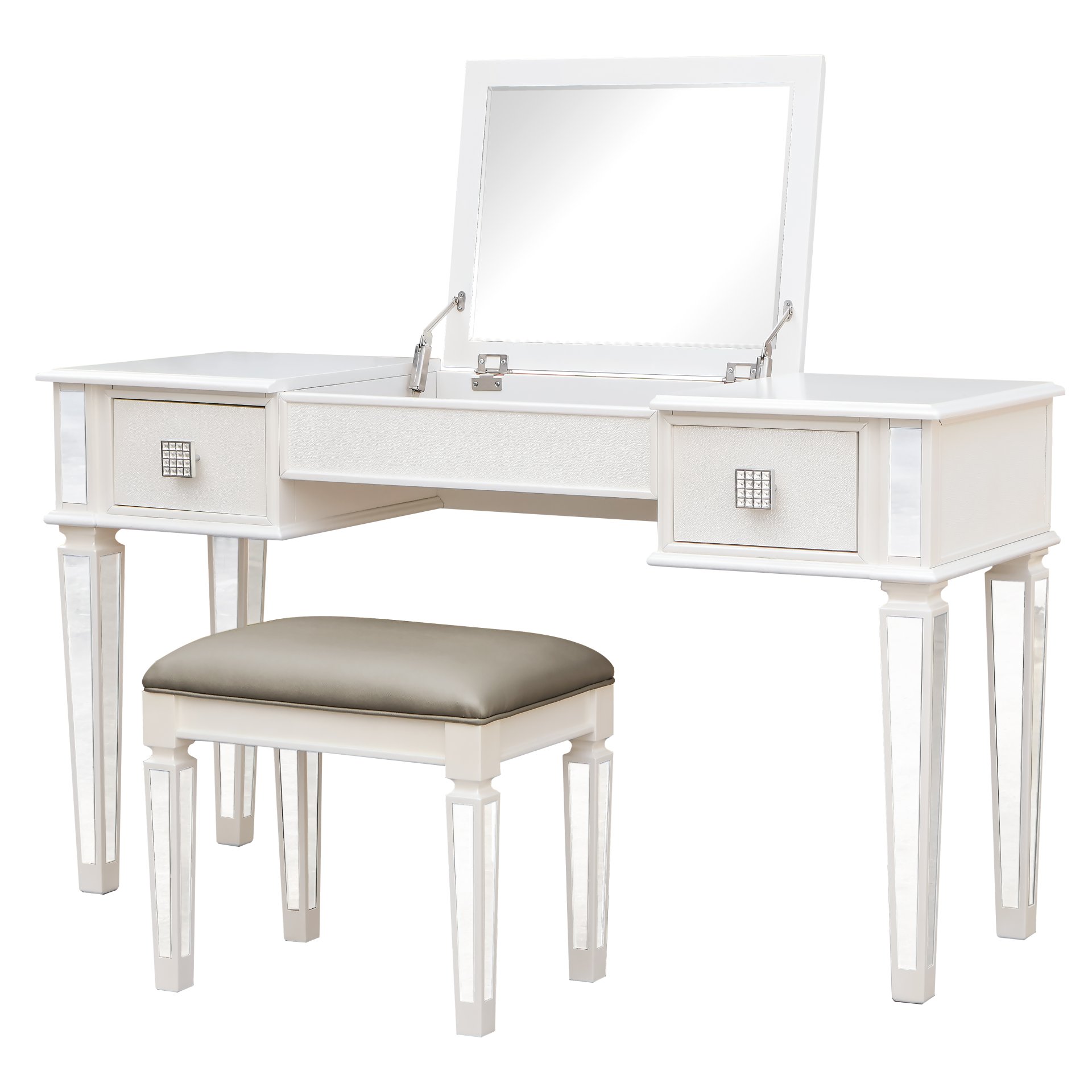 Elegant Mirrored Vanity Desk Set With Drawers And Flip Up Mirror, Silver Finish, Glass And Wood - White - Image 5
