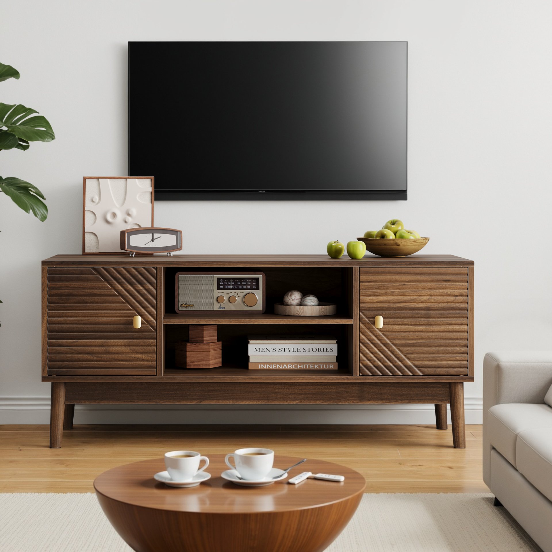 Mid Century Modern TV Stand Entertainment Center With Storage - Walnut - Image 2