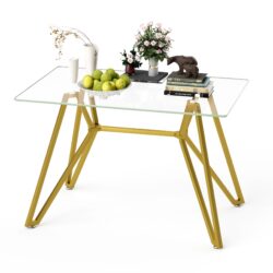 Modern Rectangular Glass Dining Table With Sturdy Metal Legs For Dining Room, Living Room, And Office - Gold