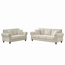 3 And 2 Seater Sofa With Rolled Arms And Nailhead Trim Upholstered Couch With Legs - Beige