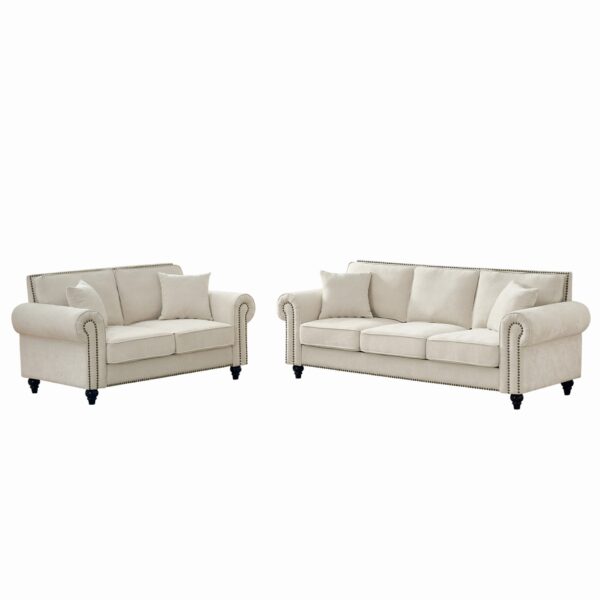 3 And 2 Seater Sofa With Rolled Arms And Nailhead Trim Upholstered Couch With Legs - Beige