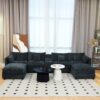 U Shaped Sectional Cloud Couch For Living Room, Fluffy Modular Sofa With Movable Ottoman 6 Seat Sectional Sofa Set With Console, Cup Holders - Black - Image 2
