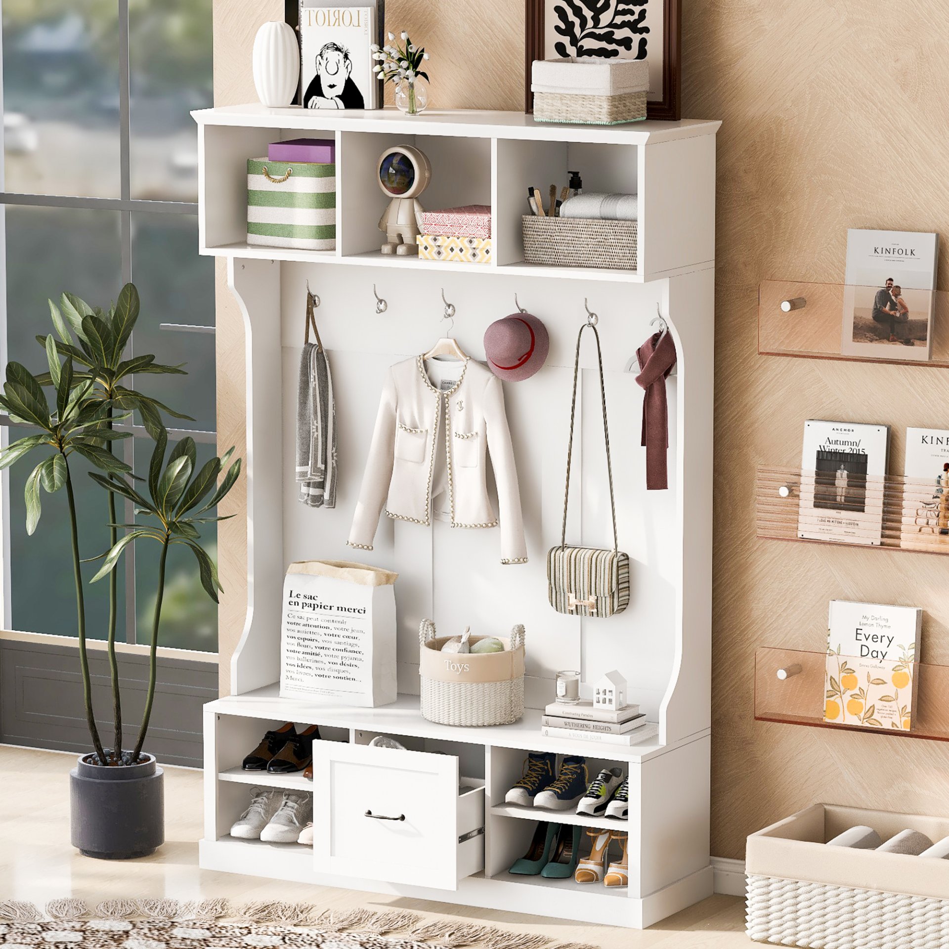 Hall Tree With 6 Hooks, Coat Hanger, Entryway Bench, 3 In 1 Design, A Spacious Drawer For Entrance, Living Room - White - Image 4