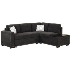 Sectional Pull-Out Sofa Bed L-Shaped Corner Sofa Couch With Storage Chaise, USB Ports, Power Sockets, Cup Holder For Living Room, Bedroom, Study - Black