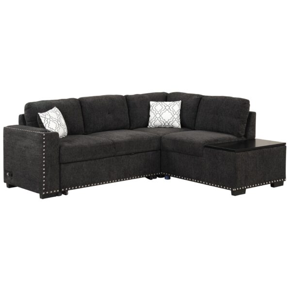 Sectional Pull-Out Sofa Bed L-Shaped Corner Sofa Couch With Storage Chaise, USB Ports, Power Sockets, Cup Holder For Living Room, Bedroom, Study - Black