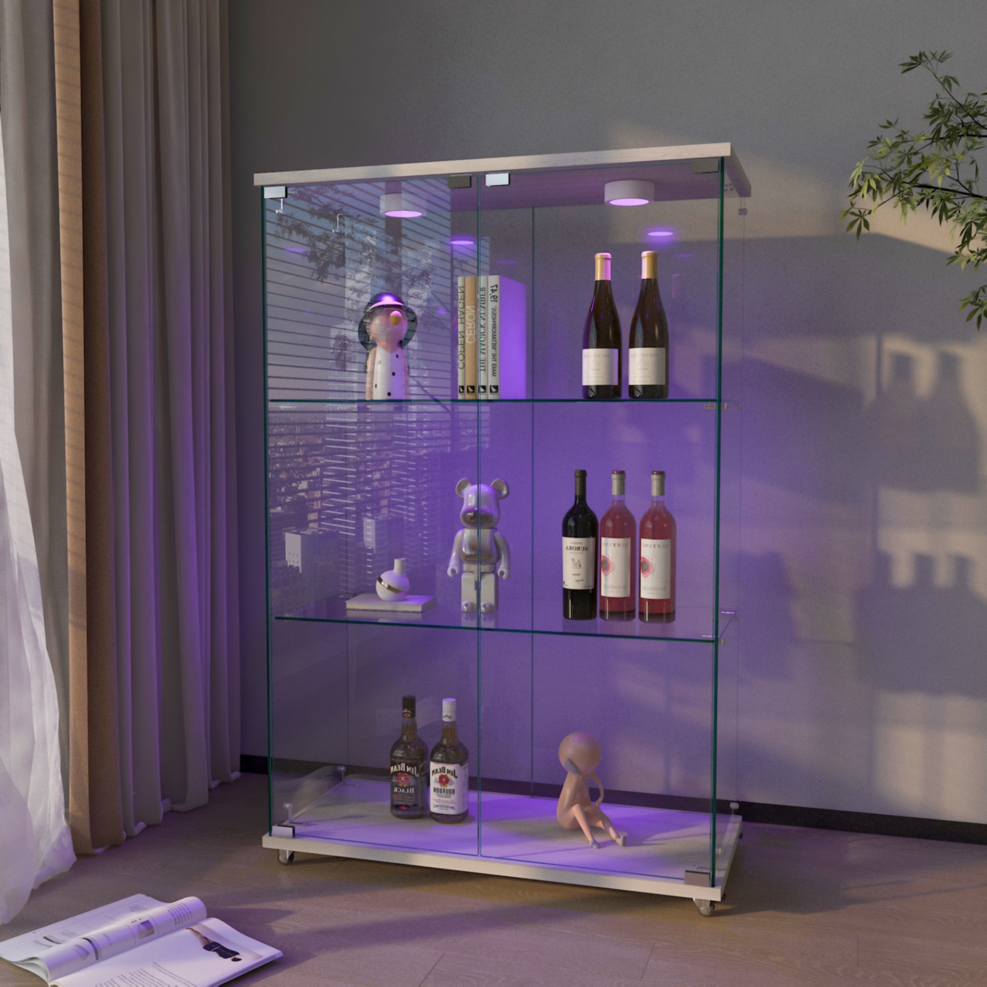 Modern Display Cabinet With LED Lights, Tempered Glass 2 Door Storage Case With 3 Shelves For Living Room - Transparent - Image 5