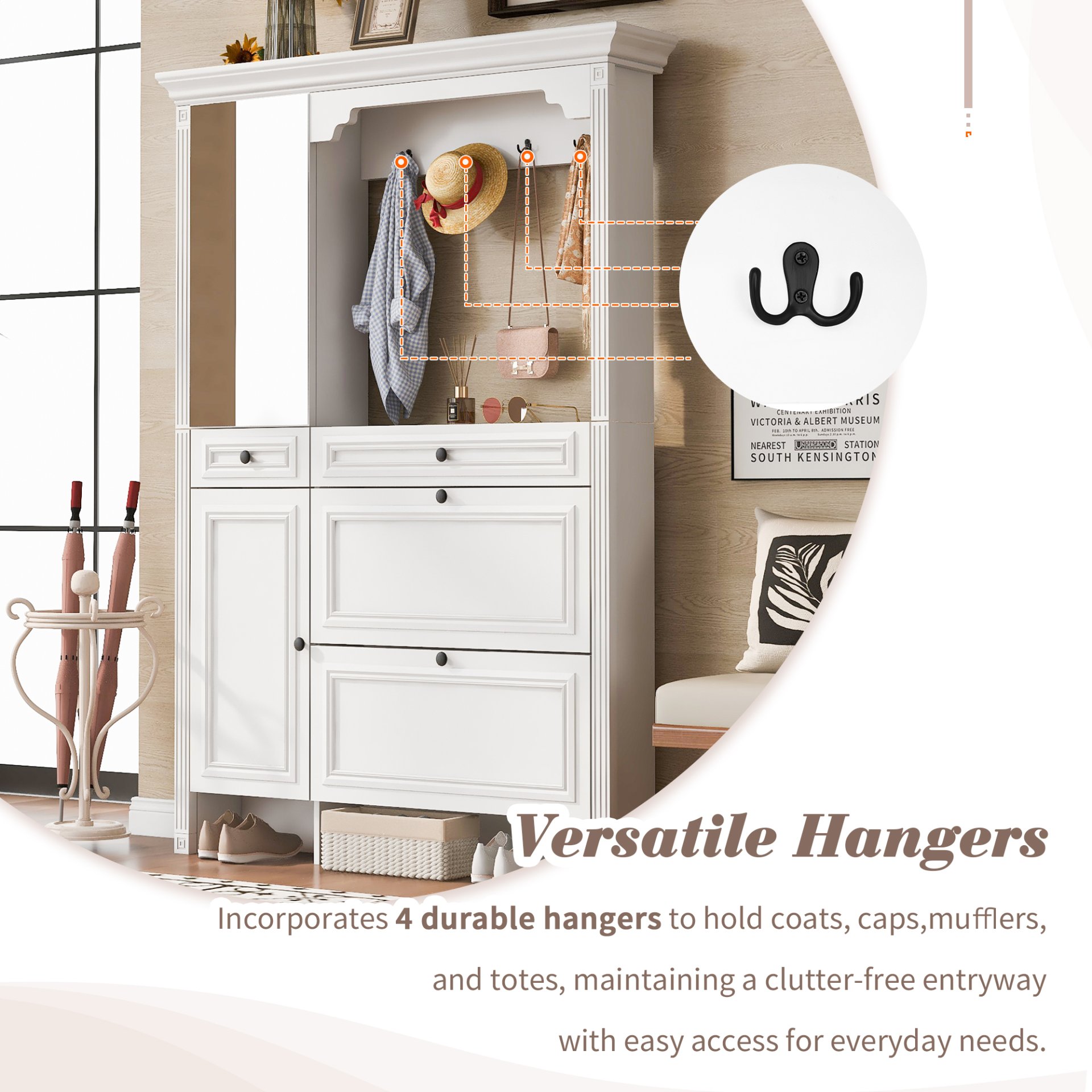 Hall Tree With Integrated Shoe Cabinet And Mirrored Cabinet Door, Coat Hanger, Entryway Bench, 4 In 1 Design, 2 Flip Drawers, 4 Hooks And 2 Cabinets For Entrance, Living Room - White - Image 8