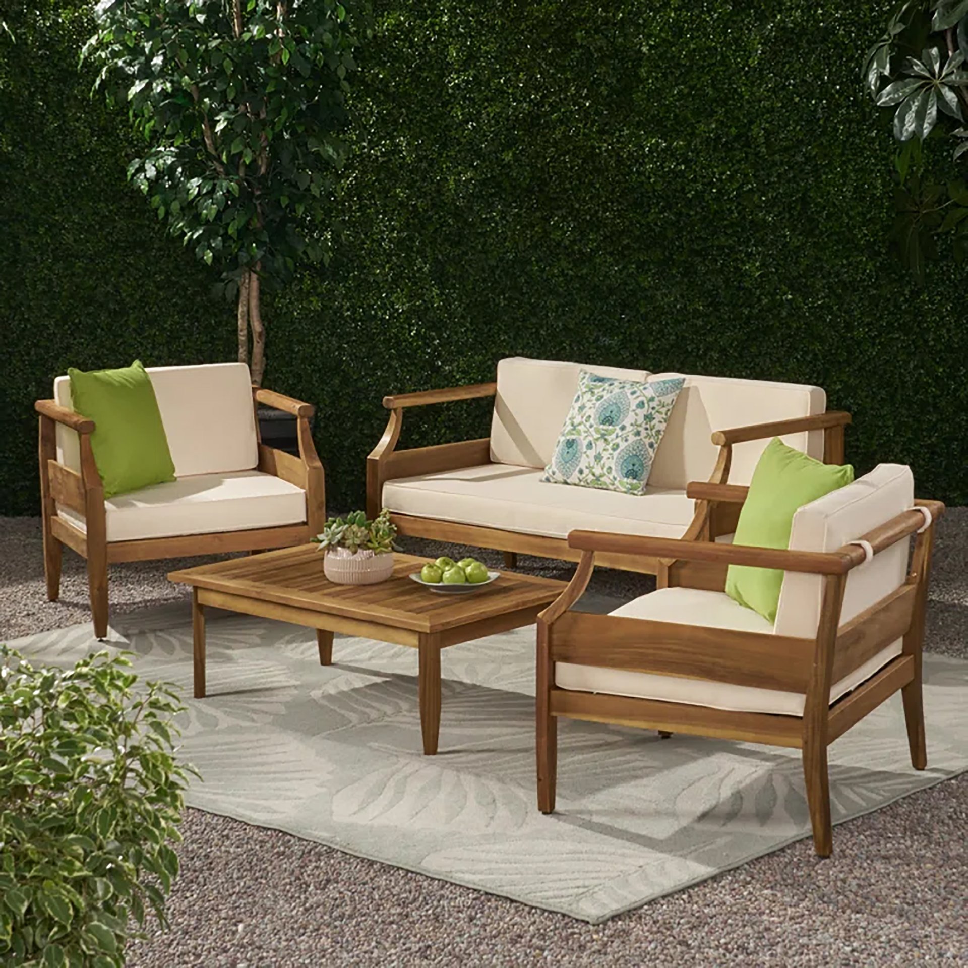 Alluvion - 4 Piece Wood Outdoor Patio Conversation Set With Cream Cushions - Teak / Beige - Image 2