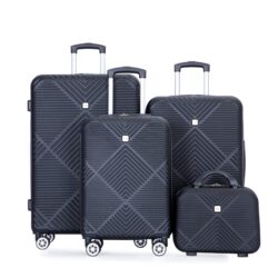 4 Piece Lightweight Suitcase, 14" Makeup Box, Aircraft Wheels (14/20/24/28) - Black