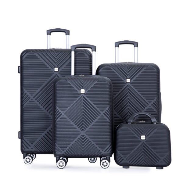 4 Piece Lightweight Suitcase, 14" Makeup Box, Aircraft Wheels (14/20/24/28) - Black