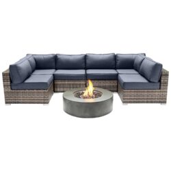 Outdoor 7 Piece Sectional Seating Group With Cushions And Fire Pit - Gray / Navy