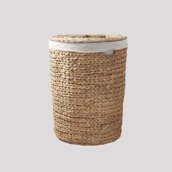 Ludmilla - Round Tall Water Hyacinth Woven Wicker Laundry Hamper With Lid For Clothes Canvas Toys And Book Storage With Removable Liner - Natural / Light Brown