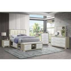 Messa - 5 Piece Full Bedroom Set With Bookcase Headboard And Storage - Natural / White