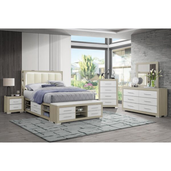 Messa - 5 Piece Full Bedroom Set With Bookcase Headboard And Storage - Natural / White