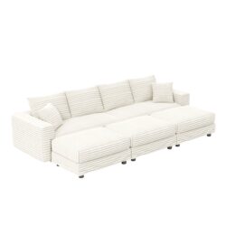 Plush Corduroy 4 Seat Sofa, Modern Comfy Upholstered Sofa Cloud Couch, Deep Seat Couches With Soft Pillows And 3 Ottomans, Convertible Sofa Lounge Chair, For Living Room, Apartment, Office - Beige