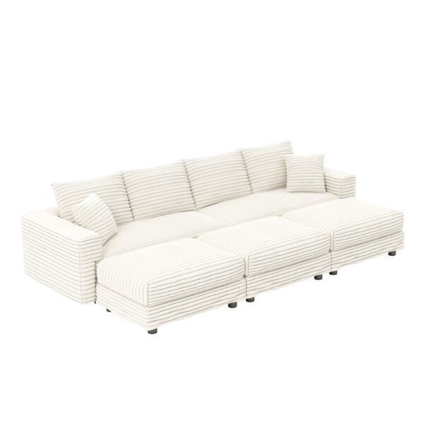Plush Corduroy 4 Seat Sofa, Modern Comfy Upholstered Sofa Cloud Couch, Deep Seat Couches With Soft Pillows And 3 Ottomans, Convertible Sofa Lounge Chair, For Living Room, Apartment, Office - Beige