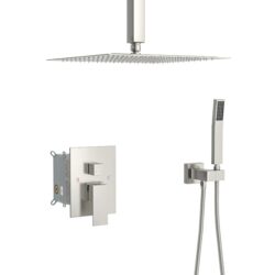 Dual Shower Head 16" Ceiling Mount Square Shower System With Rough In Valve, Stainless Steel & Brass - Brushed Nickel