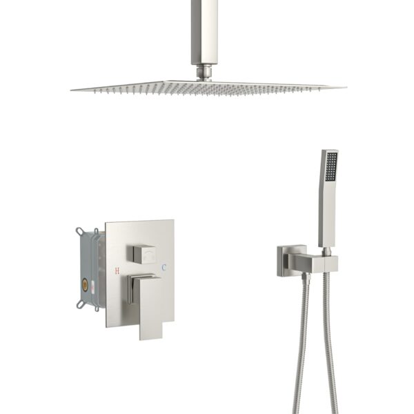 Dual Shower Head 16" Ceiling Mount Square Shower System With Rough In Valve, Stainless Steel & Brass - Brushed Nickel