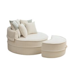 Modern Oversized Round Barrel Accent Chair With Ottoman Velvet Upholstered Lounge Armchair With 5 Pillows For Living Room Or Bedroom - Beige