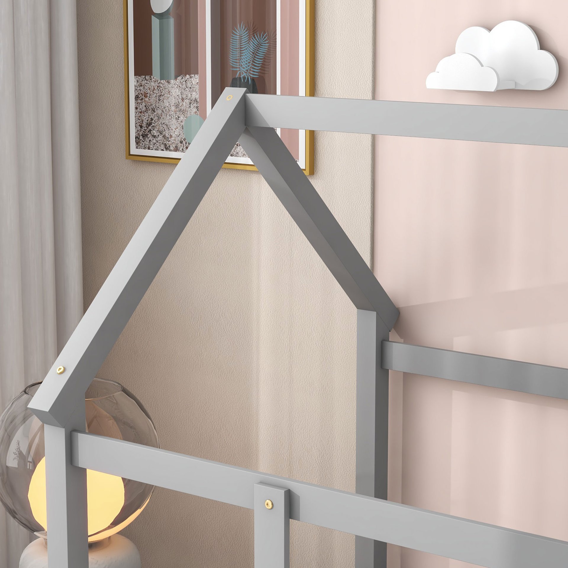 Twin Size Floor Wooden Bed With House Roof Frame, Fence Guardrails - Gray - Image 6