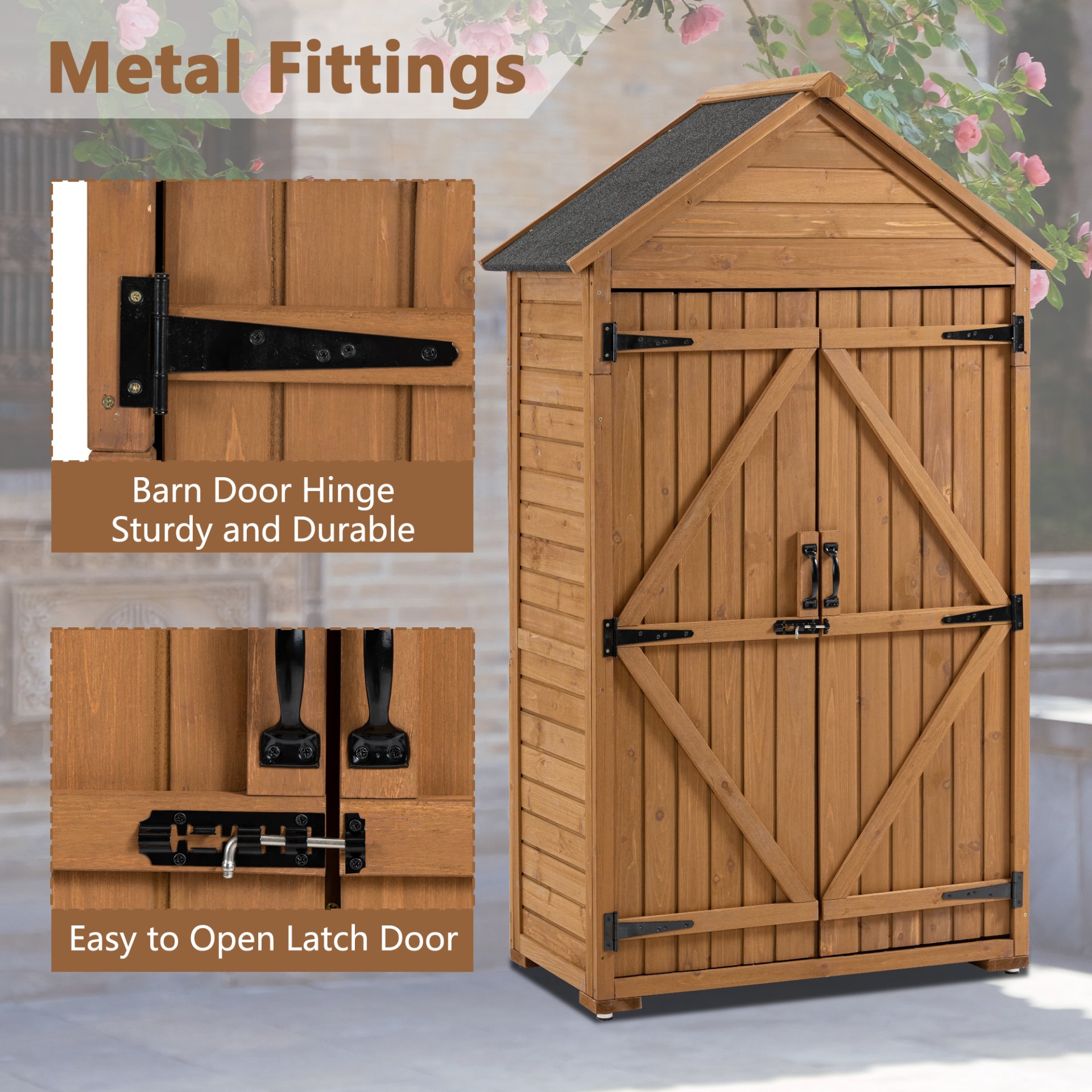Outdoor Storage Cabinet, Garden Wood Tool Shed, Outside Wooden Shed Closet With Shelves And Latch For Yard - Light Brown - Image 7