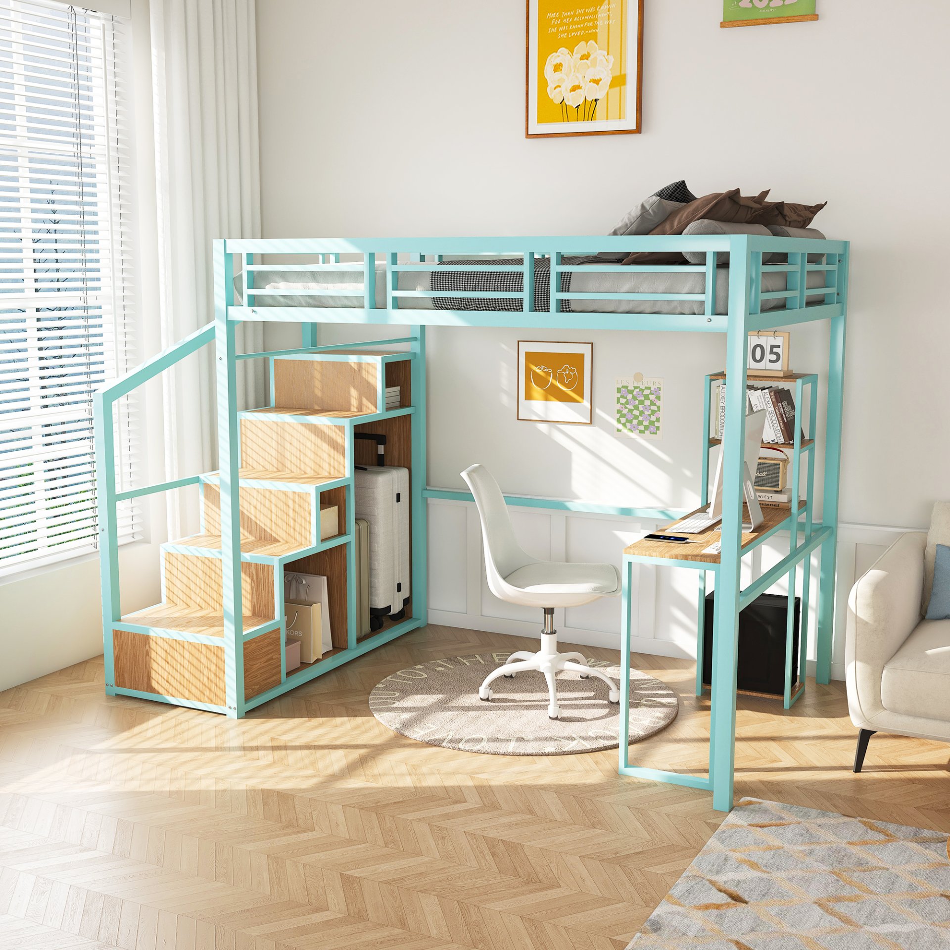 Heavy Metal Frame Full Loft Bed With Desk & Storage, 4 Cabinets, Staircase, Rack Space Saver - Green - Image 14