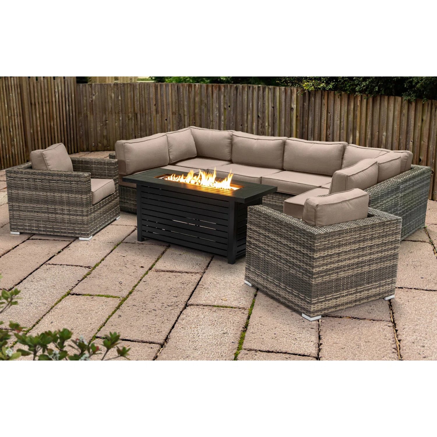 9 Piece Outdoor Sectional Set With Fire Pit Table And Cushions - Beige - Image 4