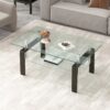 Tempered Clear Glass Coffee Table, 2-Layers Coffee Table Living Room Center Table - Black - Image 4