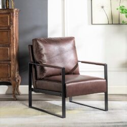 Classic Mid Century Modern Accent Chair With Durable Square Metal Frame, Armchair For Living Room, Bedroom, Home Office Spotted Microfiber Upholstery - Dark Brown