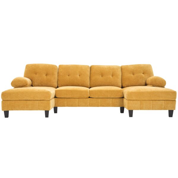 Modern U Shaped Sectional Sofa With Dual Chaise Lounges, Storage Pockets And Armrest Pillows - Yellow