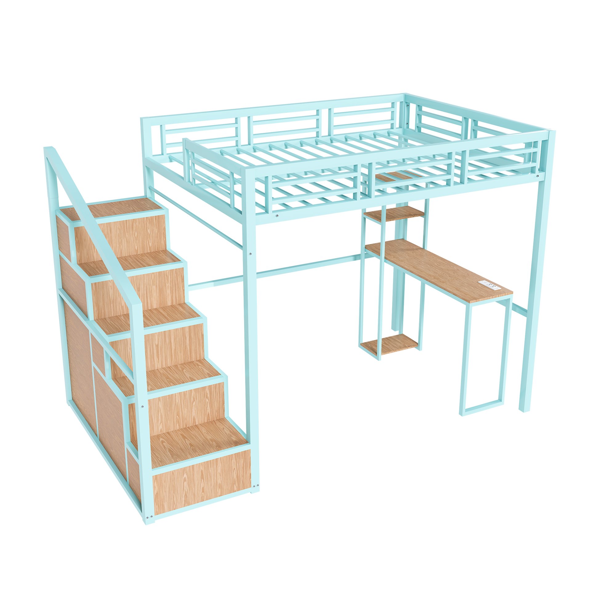 Heavy Metal Frame Full Loft Bed With Desk & Storage, 4 Cabinets, Staircase, Rack Space Saver - Green - Image 12