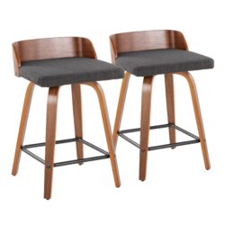 Maya - Mid-Century Modern Fixed Height Counter Stool & Swivel And Square Footrest (Set of 2) - Walnut / Charcoal