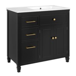 Modern Bathroom Vanity With Ceramic Sink, Freestanding, One Tip - Out Drawer, 3 Side Drawers, Adjustable Shelf - Beige