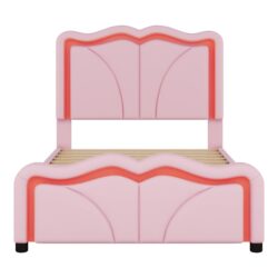 Twin Size Upholstered Platform Bed & Curve Shaped And Height Adjustable Headboard, LED Light Strips - Pink