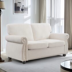 Soft Loveseat, Upholstered 2 Seater Couch, Loose Back Cushions And Turned Legs - Ivory