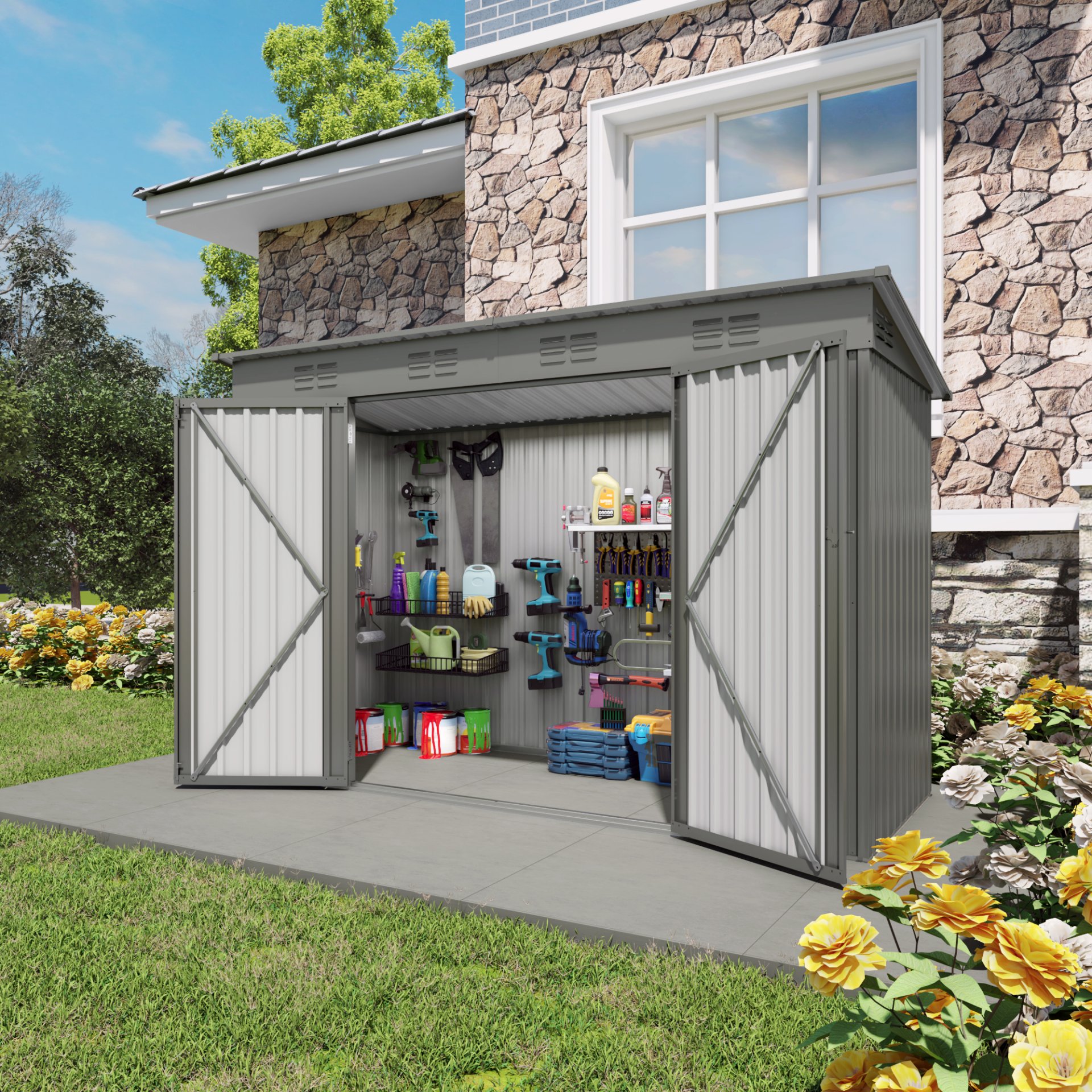 Outdoor Storage Shed 4 X 9 Ft With Sloping Roof And Vents For Garden And Patio - Gray - Image 13