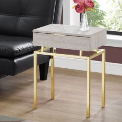 Accent Side Table, Storage Drawer, Marble Look - Beige