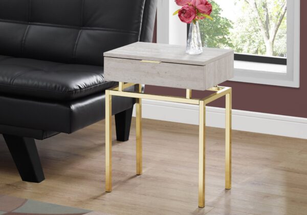 Accent Side Table, Storage Drawer, Marble Look - Beige