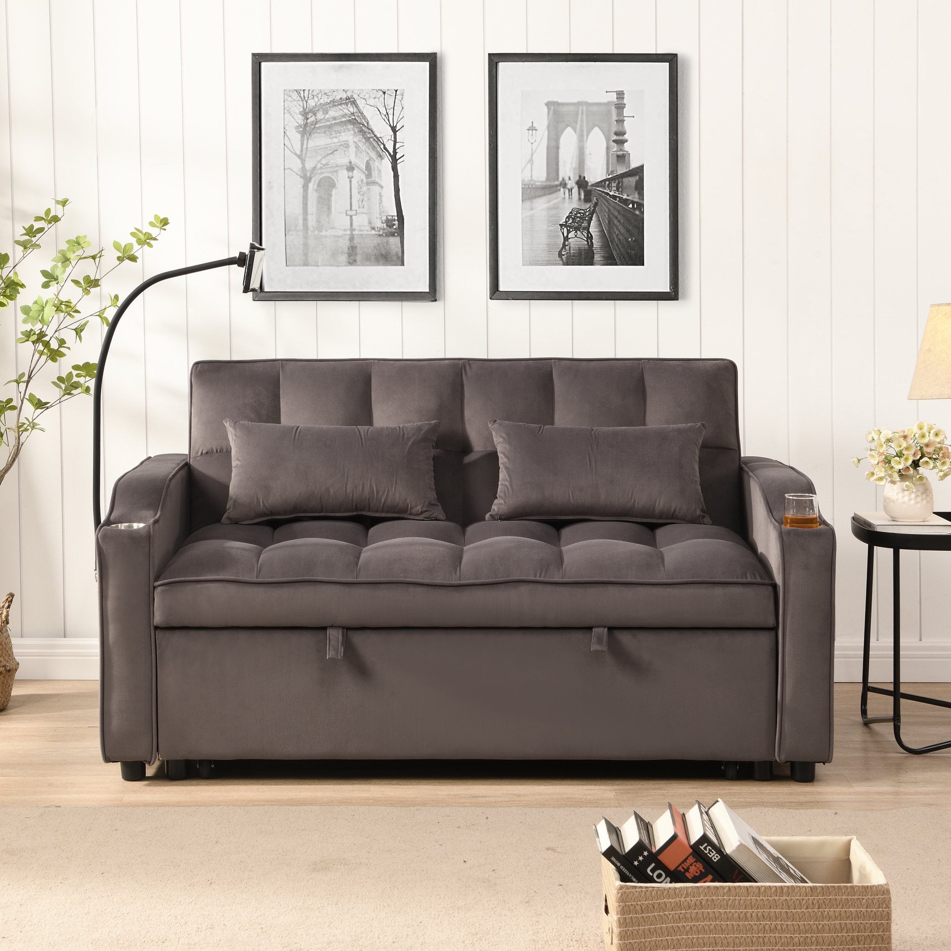 Contemporary Velvet Sofa Bed With Trundle - Charcoal Gray - Image 4