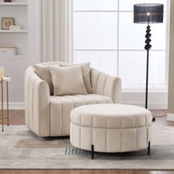 Oversized Swivel Barrel Accent Chair And Ottoman Set With Storage - Beige