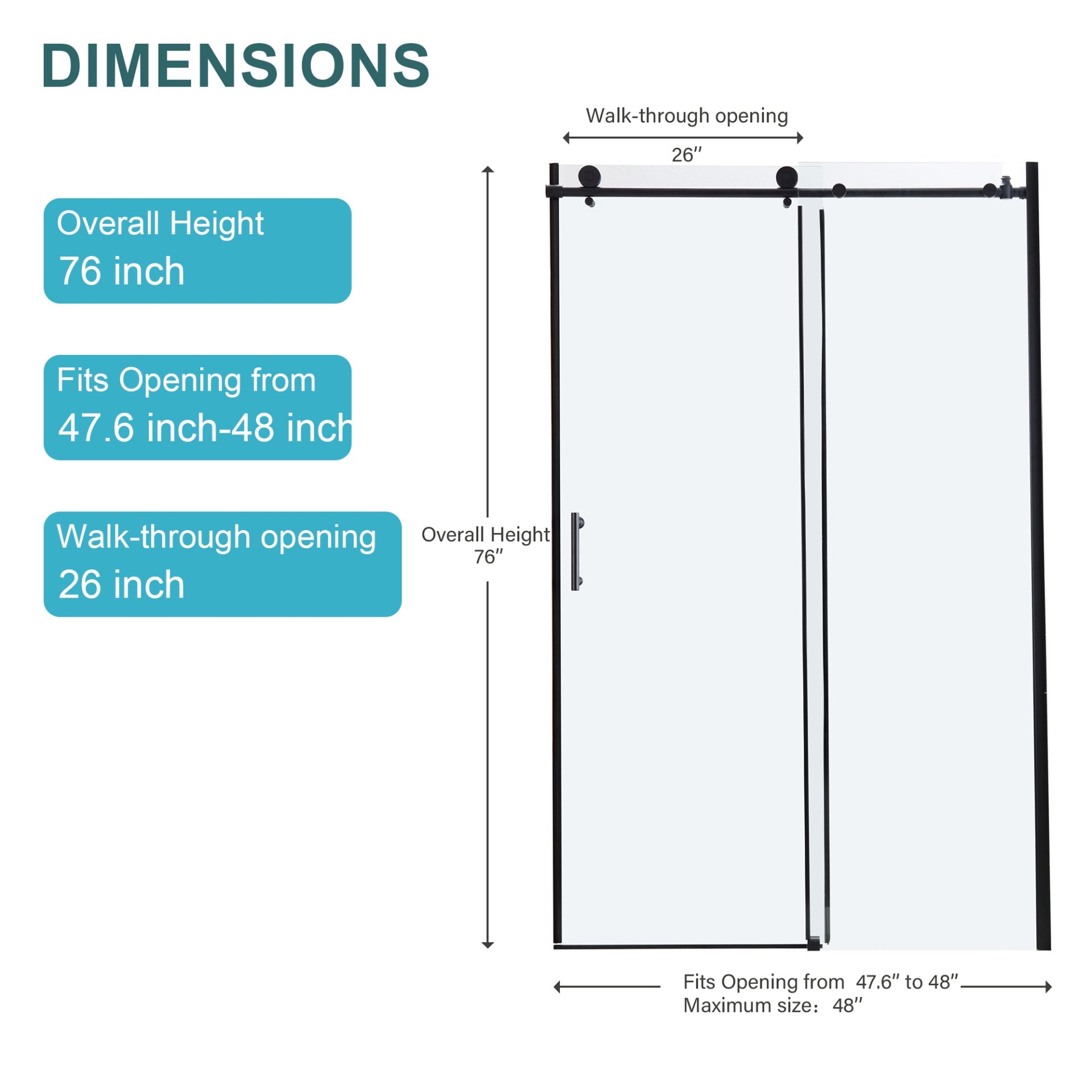 Single Sliding Bypass Shower Door Enclosure With Tempered Glass - Matte Black - Image 3