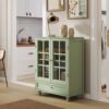 Buffet Cabinet With Double Glass Doors And Drawer, Storage Sideboard Cupboard - Green - Image 4