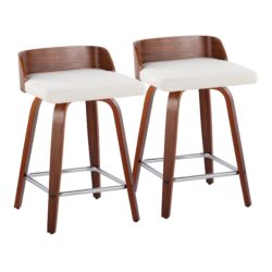 Maya - Mid-Century Modern Fixed Height Counter Stool With Swivel With Square Footrest (Set of 2) - Walnut / Cream
