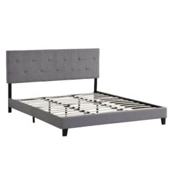King Size Upholstered Platform Bed Frame With Button Tufted Linen Fabric Headboard, No Box Spring Needed, Wood Slat Support - Gray