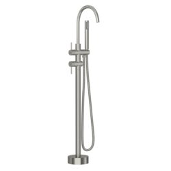 Freestanding Bathtub Faucet Floor Mount Tub Filler With Swivel Gooseneck Spout And Cylinder Handheld - Brushed Nickel