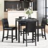 5 Pieces Counter Height Table Set, Wooden Kitchen Table Set With Square Table And 4 Upholstered Chairs, Counter Height Dining Table With Crystal Decoration And Chair Set For Kitchen, Dining Room - Black - Image 4